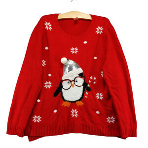 Holiday Time Womens Penguin Ugly Christmas Sweater Red XXL Long Sleeve Crew Neck